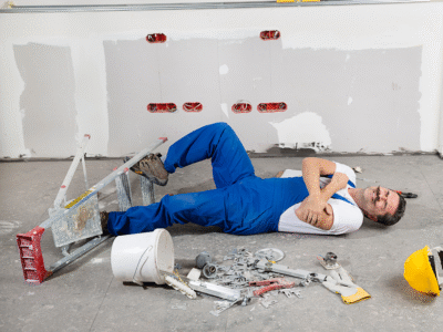 A man wearing his construction worker outfit on the ground after falling off a ladder.