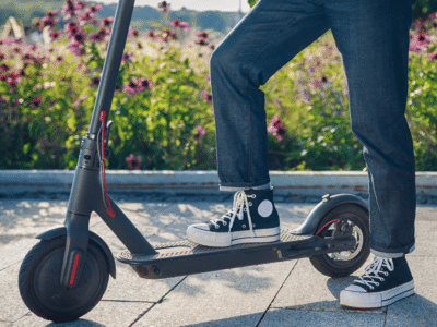 erson wearing black high-top sneakers and rolled-up jeans standing on a black electric scooter on a paved path, with blooming purple flowers and greenery in the background