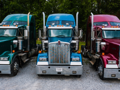 Three large semi-trucks parked side by side in a lot, shown from the front with different colored cabs. The image relates to how AI and automation in commercial trucking may reduce accidents or complicate liability in California trucking accident claims.