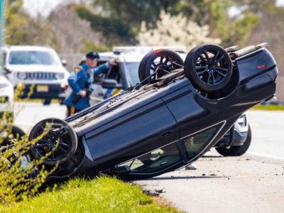A black car is flipped upside down on the side of a highway after a rollover crash, with police officers and patrol vehicles visible in the background. The image relates to rollover accidents on California highways, their causes, and the legal recourse available to injury victims.