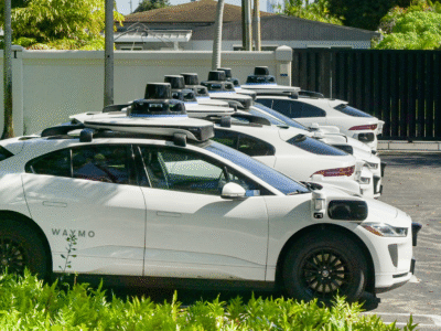 A lineup of white Waymo autonomous vehicles parked in a lot, each equipped with rooftop lidar sensors and external cameras. The image relates to the arrival of driverless cars in California and the legal questions surrounding accident liability in places like Santa Barbara.