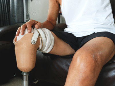 A person with a prosthetic leg sits on a couch with their hand resting on the amputation site, representing the long-term physical and financial effects of limb loss and the need for compensation in Santa Barbara injury cases.