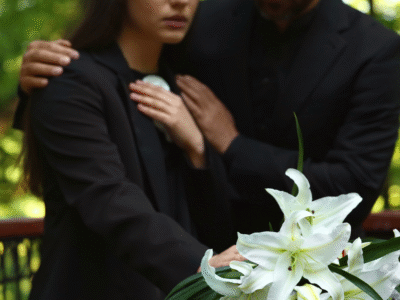 A grieving woman dressed in black is comforted by someone beside her as she places her hand near a bouquet of white lilies at a funeral, symbolizing a wrongful death in Santa Barbara caused by a negligent driver and the pursuit of compensation by surviving family members.