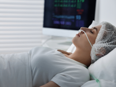 A woman lies unconscious in a hospital bed with a nasal oxygen tube and medical monitor in the background, representing a severe catastrophic injury that may qualify for a Santa Barbara personal injury lawsuit due to permanent and life-altering harm.