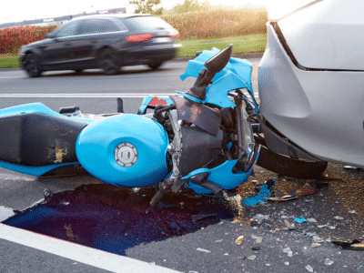 A damaged blue motorcycle lies on its side after colliding with a white car, with shattered debris and fluid spilled across the road. The image represents the aftermath of a motorcycle crash in Santa Barbara, emphasizing the serious injuries and complex legal issues that often require help from an experienced motorcycle accident lawyer.