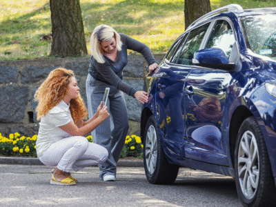 Two women examine a blue car after a minor accident, with one taking photos of the damage using her phone. The image illustrates the importance of uninsured motorist coverage in California for protecting drivers after collisions with uninsured or hit-and-run motorists.