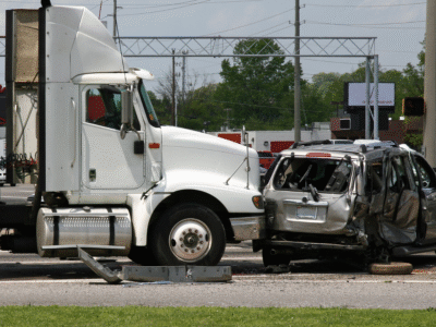 A large white semi-truck has collided with a gray SUV at an intersection, causing severe rear-end damage to the smaller vehicle. Debris is scattered across the road. The image represents the aftermath of a truck crash in Santa Barbara and underscores the importance of professional accident reconstruction, including scene analysis, data recovery, and expert evaluation to determine liability and support injury claims.