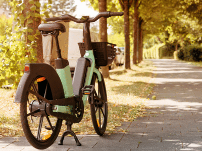 A parked electric bicycle rests on a shaded sidewalk lined with trees on a sunny day. The image conveys the topic of e-bike use and modifications, connecting to discussions about California laws and legal responsibilities for altered electric bikes.