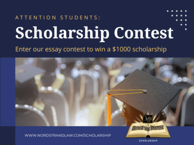 Graphic promoting a student scholarship contest with text offering a $1,000 award and a background image of graduates wearing caps and gowns.