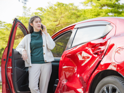 Driver standing beside a red car with visible side damage, speaking on a phone after a collision, illustrating a hit-and-run accident scenario where victims in Santa Barbara may pursue compensation through uninsured motorist coverage and legal claims.
