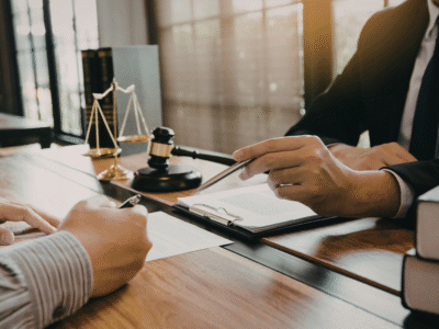 Attorney reviewing documents with a client at a desk, with a gavel and scales of justice visible, illustrating the process of proving lost wages and documenting financial losses in a Santa Barbara personal injury claim.
