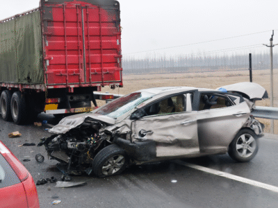 Severely damaged passenger vehicle crashed into the rear of a semi-truck on a highway, illustrating a truck accident scenario where improper cargo loading or securement may contribute to liability in a Santa Barbara cargo spill case.