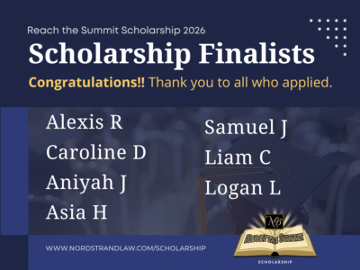 Graphic announcing the 2026 Reach the Summit Scholarship finalists. The design features a graduation cap and congratulatory message with the finalists' first names and last initials: Alexis R., Caroline D., Aniyah J., Asia H., Samuel J., Liam C., and Logan L., along with the Reach the Summit Scholarship logo and scholarship webpage.