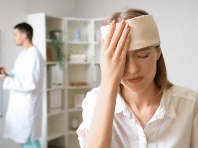 Person with a head injury holds their forehead while wearing a bandage, illustrating the physical, emotional, and cognitive effects of a traumatic brain injury, pain and suffering, emotional distress, loss of enjoyment of life, and non-economic damages in a Santa Barbara personal injury claim.