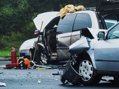 Two damaged vehicles sit in an intersection after a collision, with visible front-end damage, debris scattered across the roadway, and emergency equipment nearby. The image represents an intersection car accident, illustrating the importance of eyewitness testimony, accident scene evidence, and proving fault in a Washington personal injury claim.