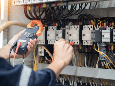 Electrician inspecting electrical equipment, highlighting utility company liability and safety concerns in Santa Barbara electrical injury and electrocution claims.