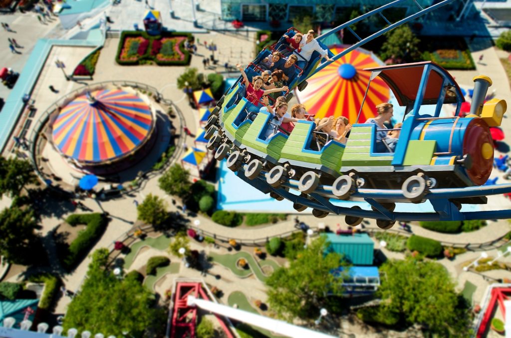 aerial view of a colorful amusement park