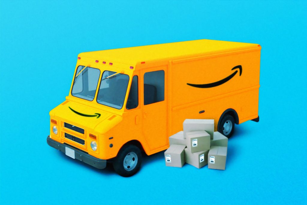 bright yellow Amazon delivery truck and boxes