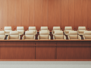 Empty jury box in a court room