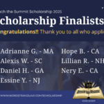 Graphic announcing the 2025 Reach the Summit Scholarship finalists, featuring names and states of selected students