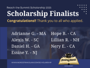 Graphic announcing the 2025 Reach the Summit Scholarship finalists, featuring names and states of selected students