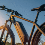 Close-up view of a black electric bicycle captured from a low angle at sunset, highlighting the battery pack on the frame and handlebars against a clear blue sky