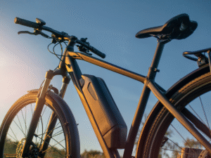 Close-up view of a black electric bicycle captured from a low angle at sunset, highlighting the battery pack on the frame and handlebars against a clear blue sky