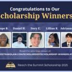 Photos of the five 2025 NorstrandBlack scholarship winners, Hope B., Daniel H., Nery E., Lillian R., and Adrienne G. set against a blue background. Above the photos it says: “Congratulations to Our Scholarship Winners!” Below the photos are the client logo, a picture of an open book, and the words: Reach for the Summit Scholarship 2025.