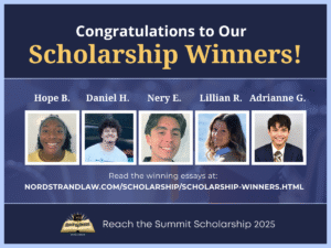 Photos of the five 2025 NorstrandBlack scholarship winners, Hope B., Daniel H., Nery E., Lillian R., and Adrienne G. set against a blue background. Above the photos it says: “Congratulations to Our Scholarship Winners!” Below the photos are the client logo, a picture of an open book, and the words: Reach for the Summit Scholarship 2025.
